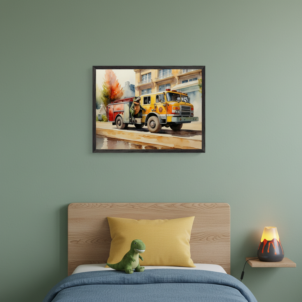 Kid's bedroom with a wooden bed, blue bedding, and a yellow pillow. A framed watercolor print of a yellow fire truck with a dinosaur driving is centered above the bed. A green dinosaur plushie is on the bed, and a lava lamp is on a small wooden shelf to the right.