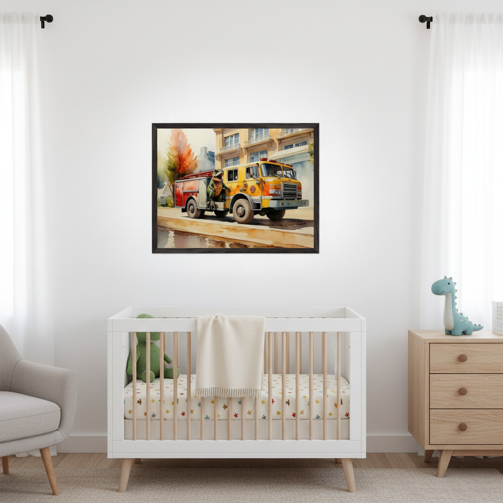 Modern nursery with a white crib, gray armchair, and wooden dresser. A black-framed watercolor painting of a yellow and red fire truck with a green dinosaur in the back is centered above the crib.