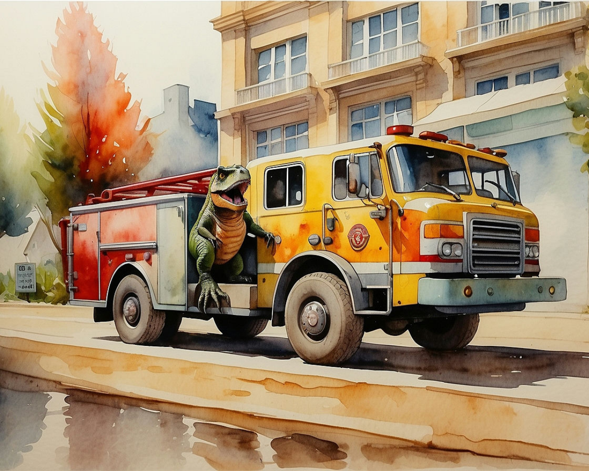 A whimsical scene depicts a dinosaur riding in a vintage yellow and red fire truck on a city street. The dinosaur, with a playful expression, is perched in the back of the truck. In the background, autumn trees and a classic building add to the charming urban setting.