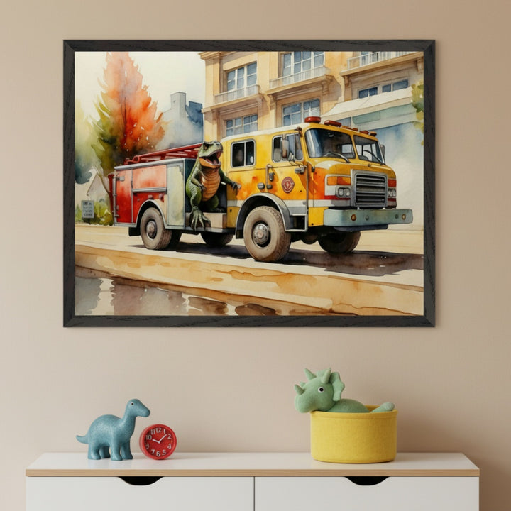 Kid's room featuring a white dresser below a framed watercolor painting. The artwork depicts a green dinosaur in a yellow and red fire truck. On the dresser are a blue dinosaur figurine, a red alarm clock, and a yellow bin with a green dinosaur plush.