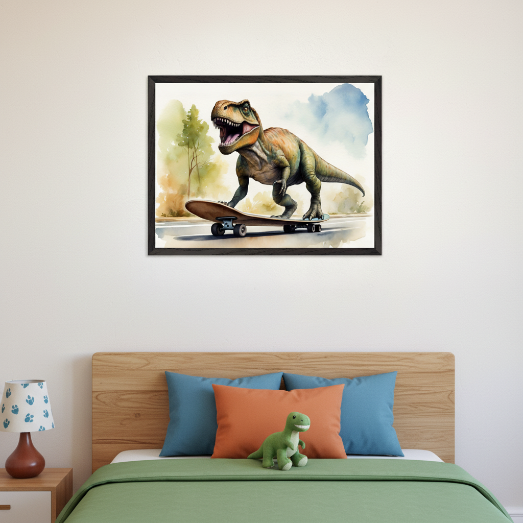 Kid's bedroom with a wooden bed, green bedding, blue and orange pillows, and a green stuffed dinosaur. A framed watercolor print of a Tyrannosaurus Rex skateboarding hangs centered above the bed. A lamp sits on a wooden nightstand.