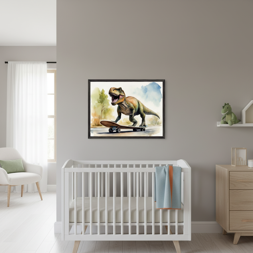 Modern nursery with a white crib, wooden dresser, and white armchair. A framed watercolor print of a T-Rex on a skateboard hangs above the crib on a gray wall.