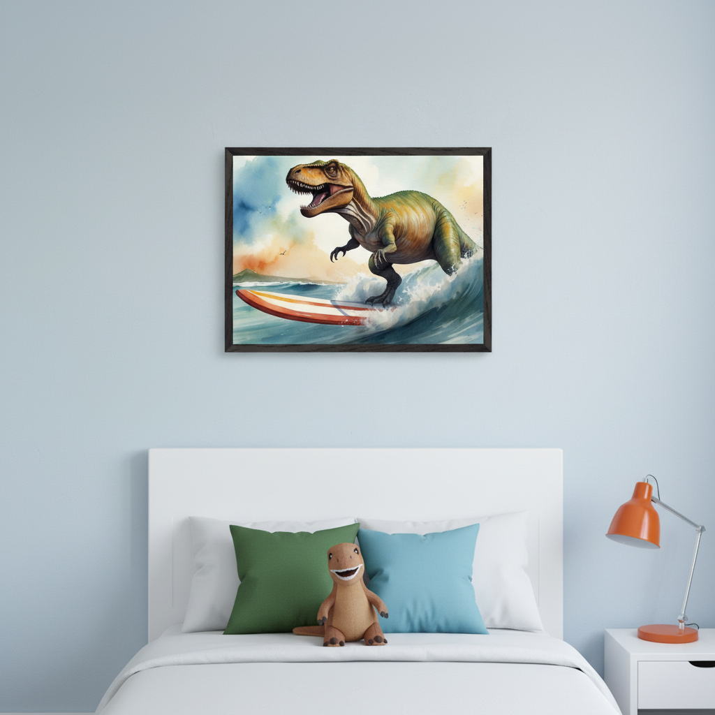 Kid's bedroom with a white bed and headboard, green and blue pillows, and a dinosaur plushie. Centered above the bed is a framed watercolor print of a T-Rex surfing on a wave with a red and white surfboard. A white nightstand with an orange lamp is on the right.