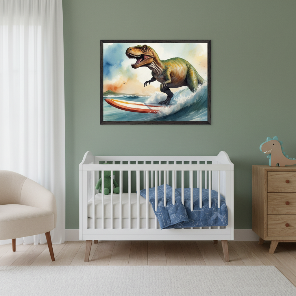 Modern nursery with a white crib and light wood dresser. A framed watercolor painting of a T-Rex surfing on a wave hangs above the crib. A beige armchair is to the left.