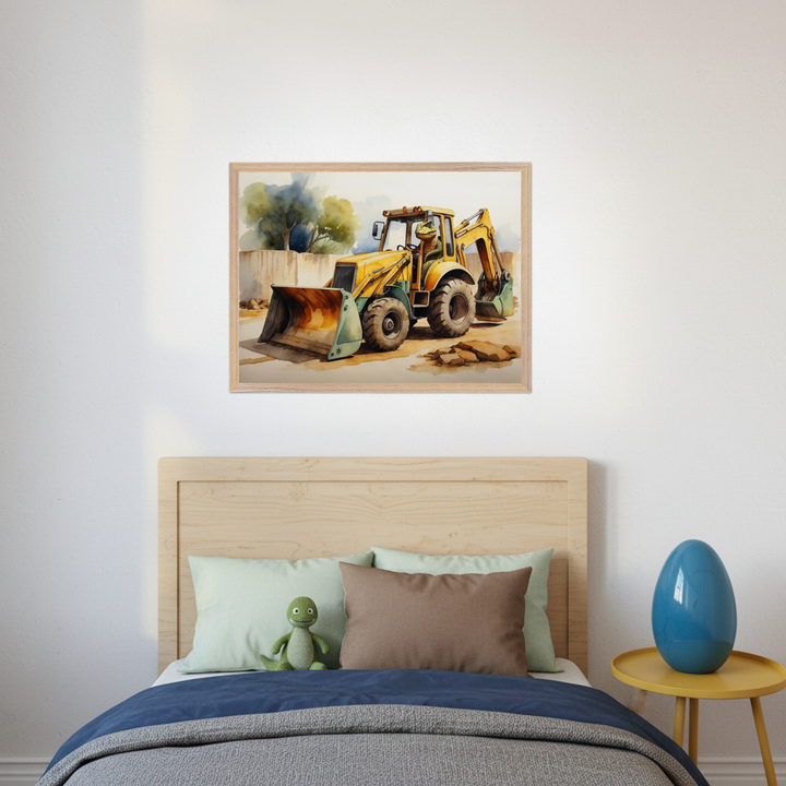 Kid's bedroom with a wooden headboard bed. A framed watercolor painting of a yellow backhoe loader at a construction site hangs centered above the bed. Blue and gray bedding with a green dinosaur plush. A yellow side table with a blue decorative egg is to the right of the bed.
