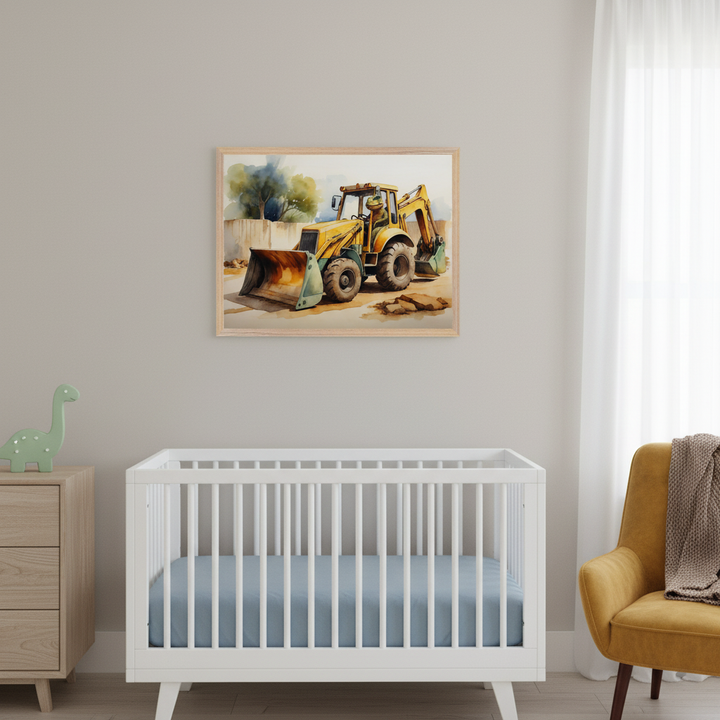 Modern nursery with a light gray wall. A framed watercolor print of a yellow backhoe hangs above a white wooden crib with a blue sheet. To the left is a wooden dresser with a green dinosaur, and to the right, a yellow armchair.