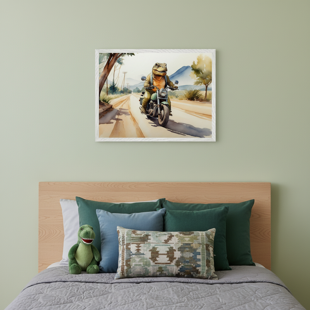 Kid's bedroom with a wooden headboard and bed. A framed watercolor painting of a dinosaur riding a motorcycle on a dirt road hangs centered above the bed. The bed features a gray comforter, green and blue pillows, and a green dinosaur plush toy.
