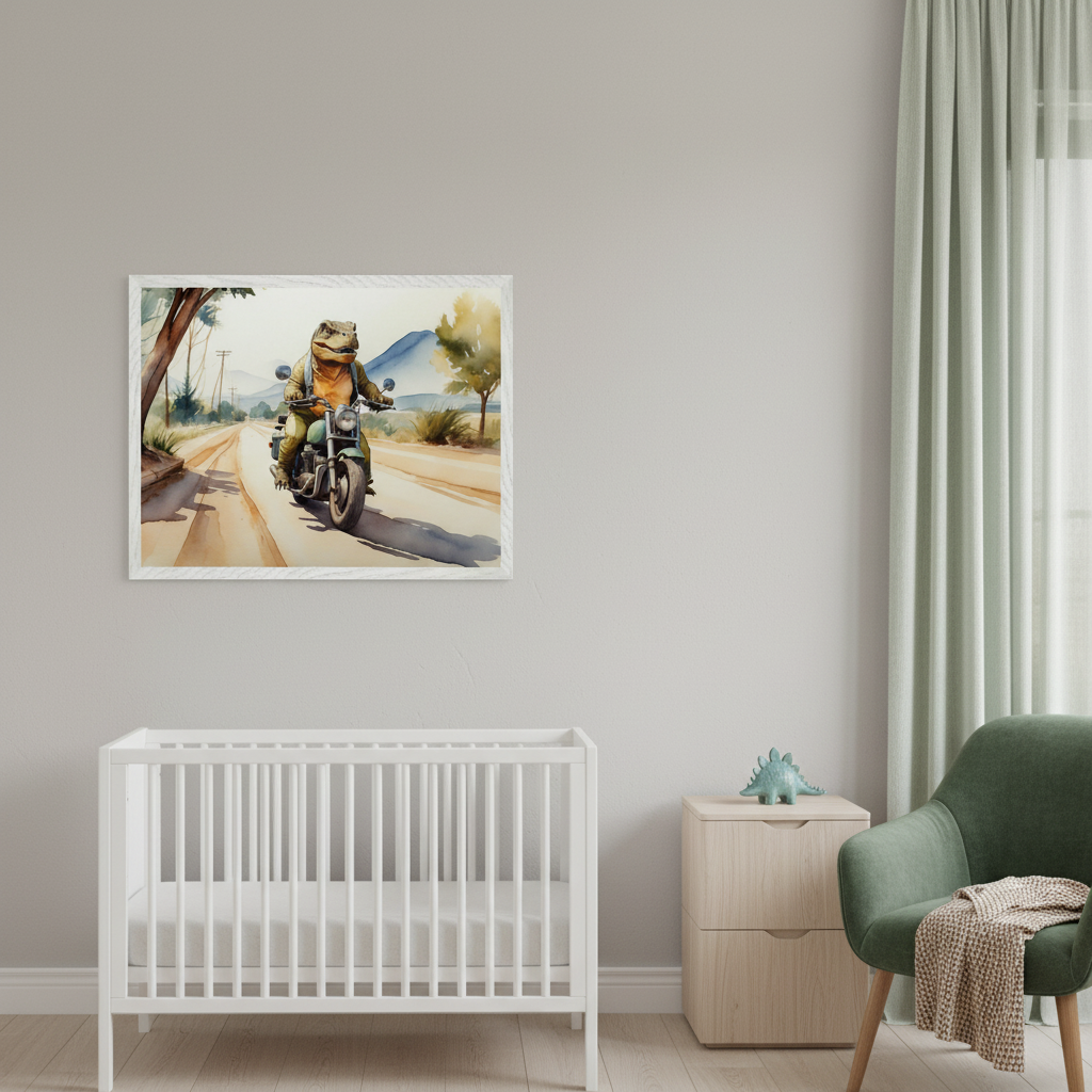 Modern nursery with a white crib, wooden nightstand, and green armchair. A framed watercolor of a dinosaur riding a motorcycle on a road hangs above the crib.