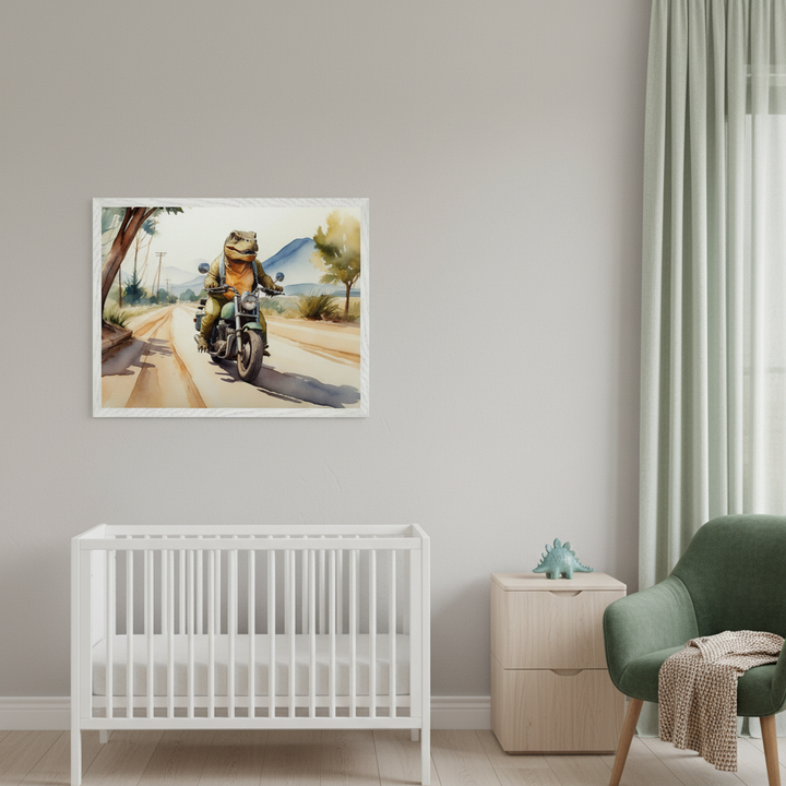 Modern nursery with a white crib, wooden nightstand, and green armchair. A framed watercolor of a dinosaur riding a motorcycle on a road hangs above the crib.
