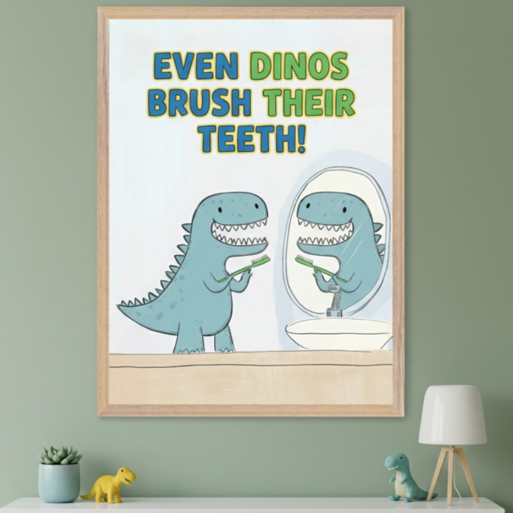 Kid's room with sage green wall. A framed cartoon print showing a blue dinosaur brushing teeth in a mirror, with text 'EVEN DINOS BRUSH THEIR TEETH!', hangs centered above a white shelf. Small dino toys and a succulent plant are on the shelf.