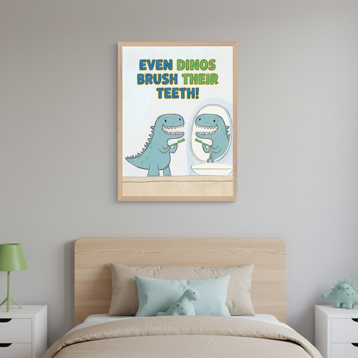 Kid's bedroom with a bed with a wood headboard and white nightstands. A framed poster above the bed shows a cartoon dinosaur brushing its teeth in a mirror, with text "EVEN DINOS BRUSH THEIR TEETH!".