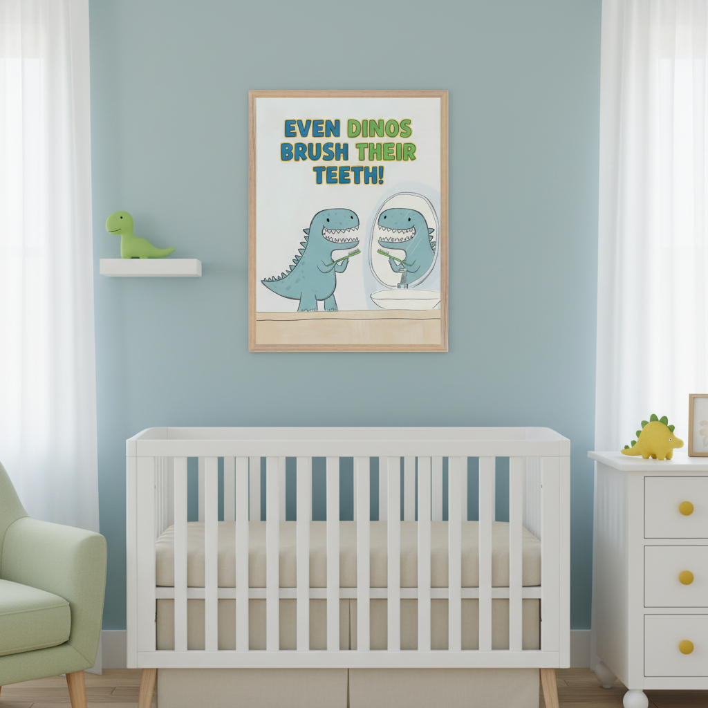 Modern nursery with a white crib, dresser, and green armchair. Above the crib, a framed print shows a cartoon blue dinosaur brushing its teeth in a mirror, with text "EVEN DINOS BRUSH THEIR TEETH!".