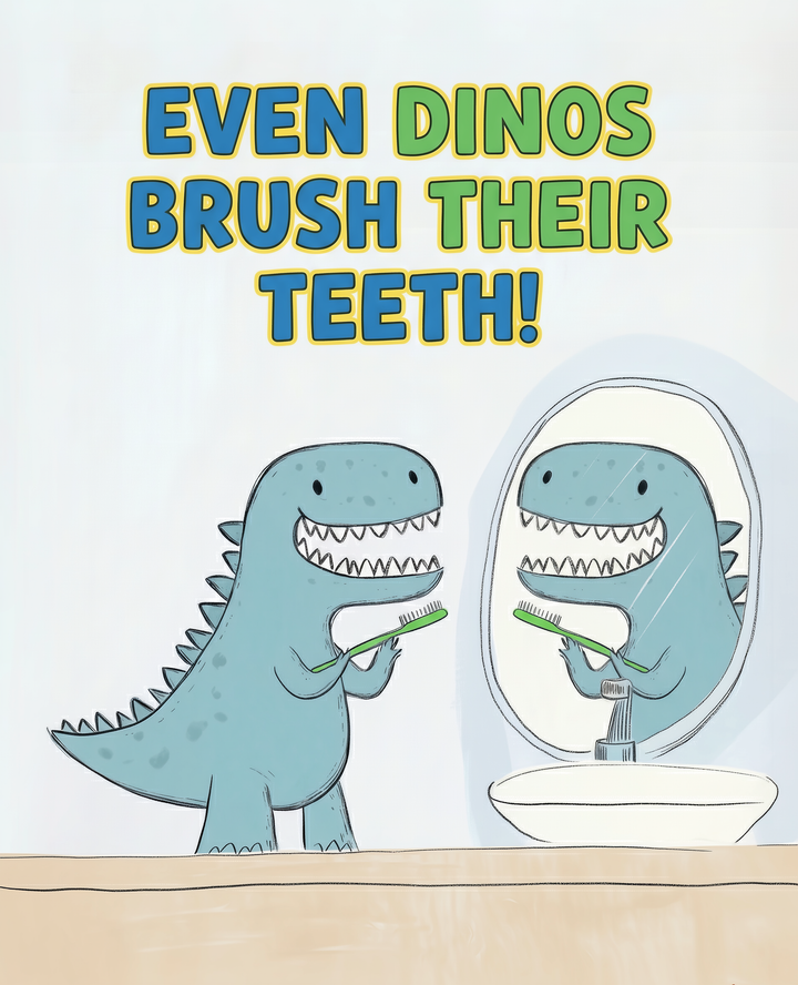 A cheerful cartoon dinosaur brushes its teeth while looking into a mirror, with bold text above reading “Even dinos brush their teeth.” This fun bathroom art encourages kids to build healthy dental habits.
