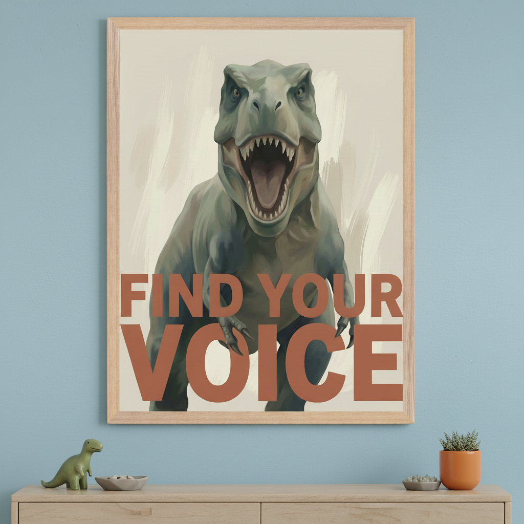 Kid's room with a light wood dresser. A framed illustration of a roaring T-Rex with "FIND YOUR VOICE" text hangs centered above the dresser. A small green dinosaur toy is on the dresser.