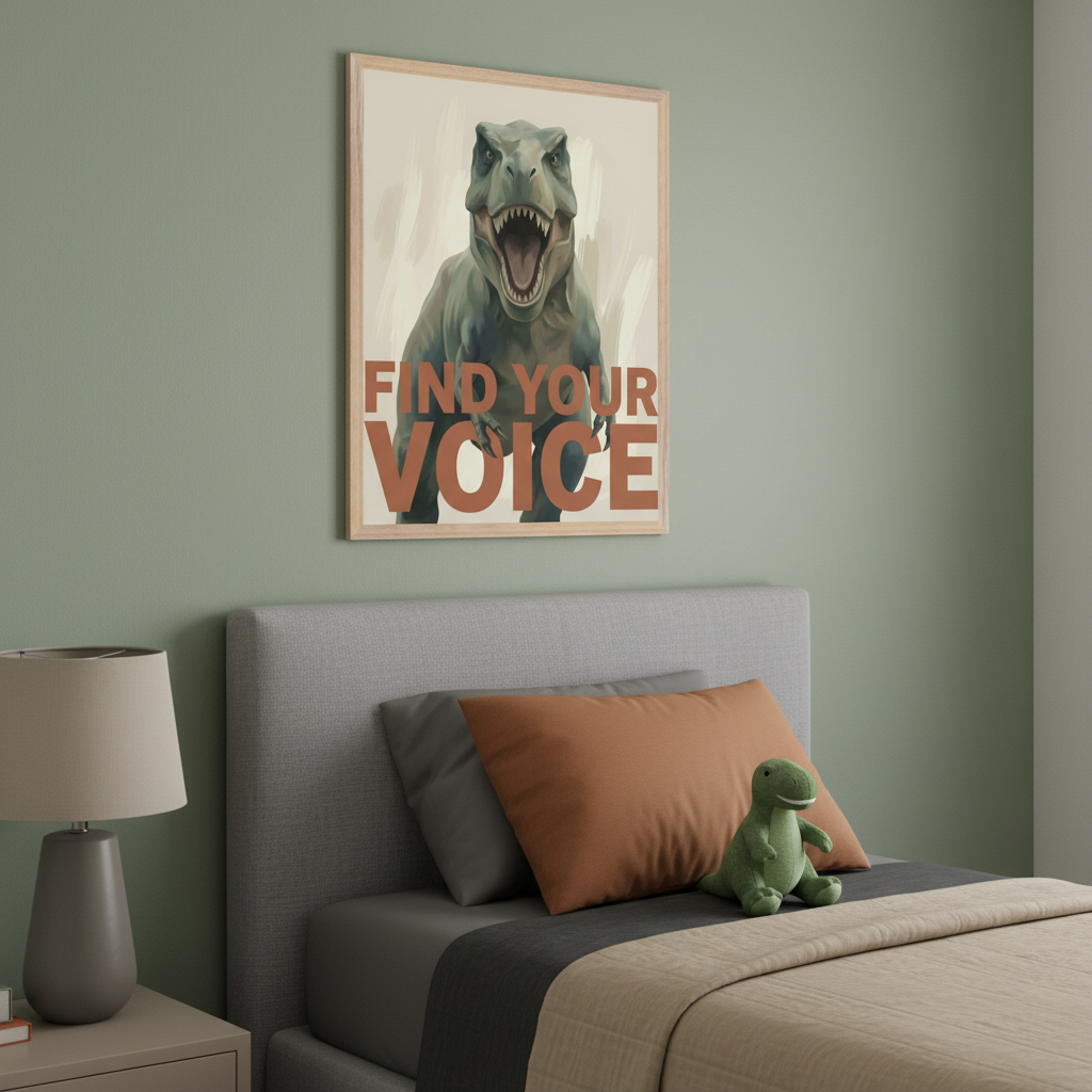 Sage green kid's bedroom with a gray upholstered bed and nightstand. A framed illustration of a roaring T-Rex with "FIND YOUR VOICE" text hangs above the bed. A green dinosaur plush toy sits on the bed.