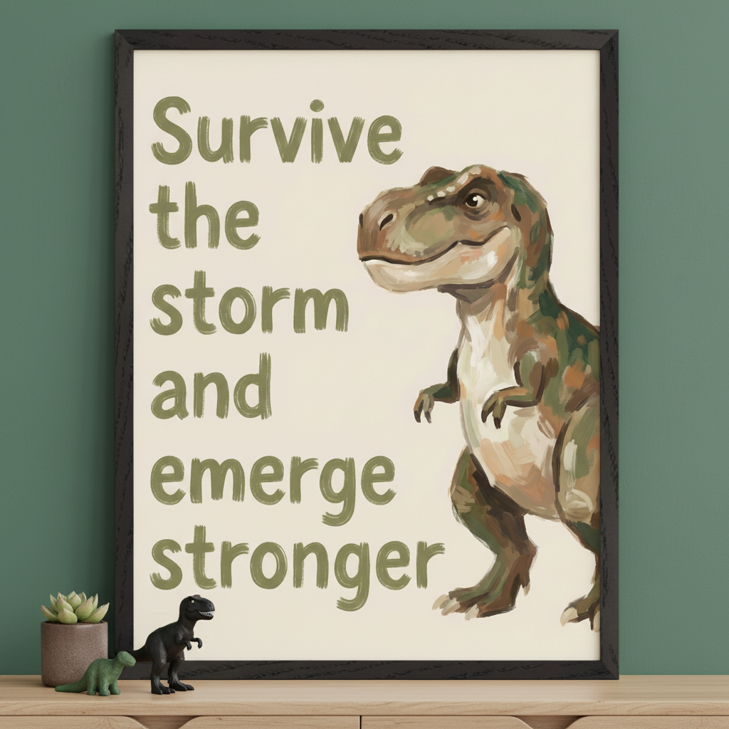 Modern kid's room with a green wall. A framed art print hangs above a light wood dresser. The print displays olive green text: "Survive the storm and emerge stronger," alongside a painted T-Rex illustration. On the dresser sit a potted succulent and two toy dinosaurs.