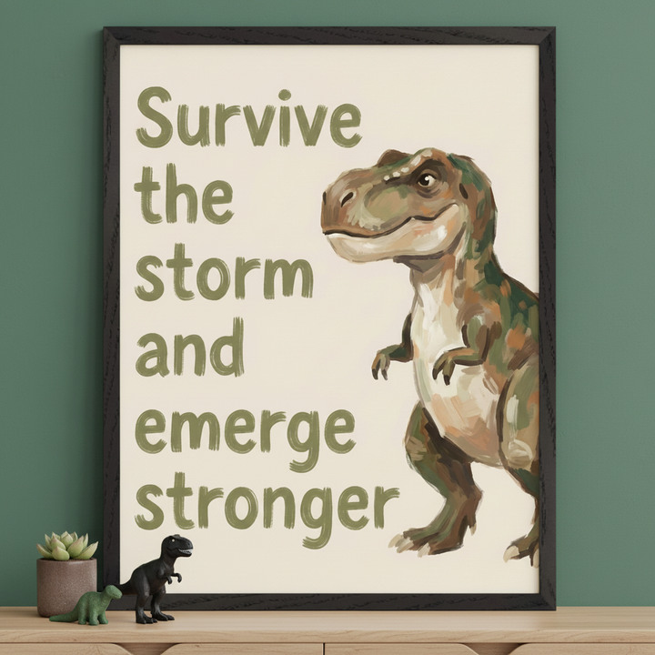 Modern kid's room with a green wall. A framed art print hangs above a light wood dresser. The print displays olive green text: "Survive the storm and emerge stronger," alongside a painted T-Rex illustration. On the dresser sit a potted succulent and two toy dinosaurs.