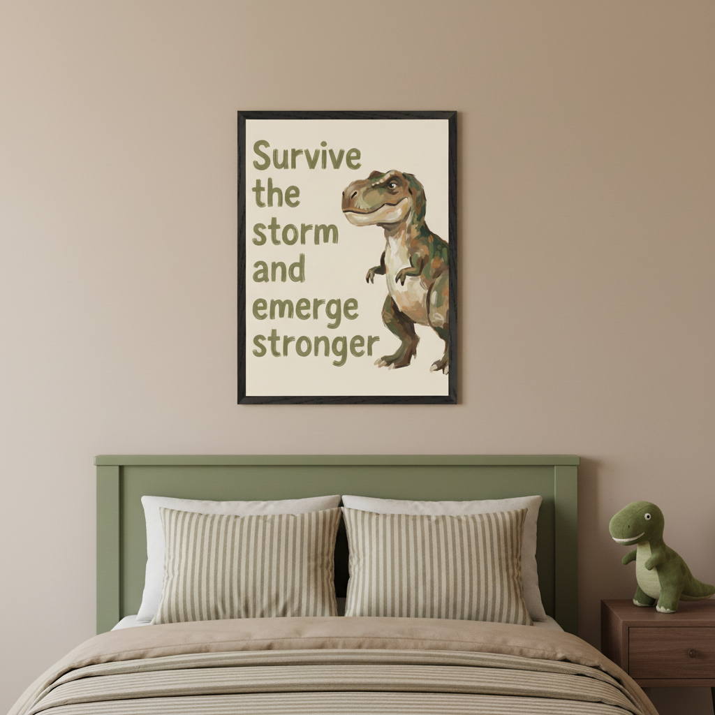 Kid's bedroom with a green headboard and a bed with striped pillows. A framed print with a cartoonish T-Rex and the text 'Survive the storm and emerge stronger' in a brushstroke style hangs centered above the bed.
