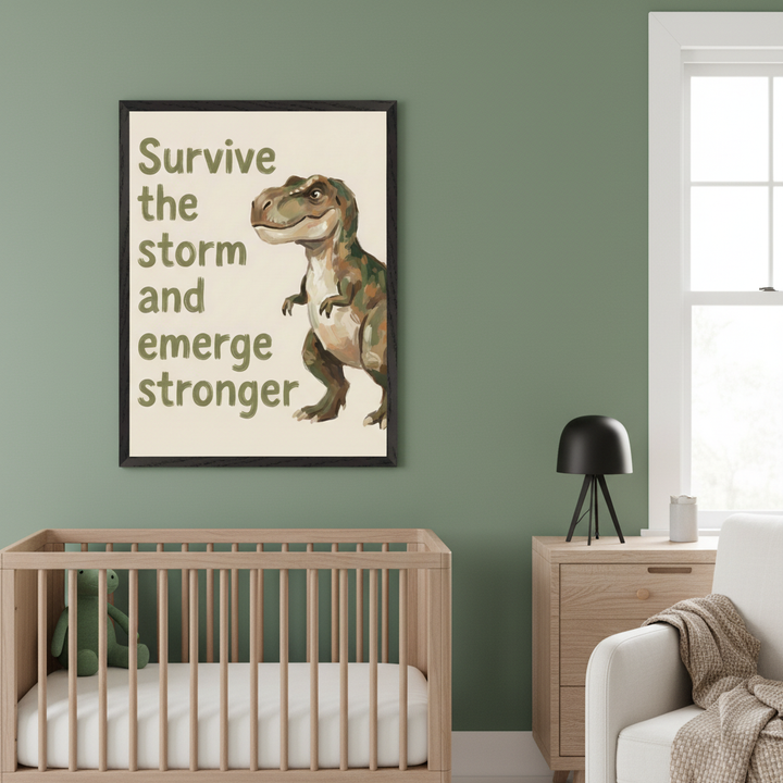 Modern nursery with a wooden crib, dresser, and armchair against a sage green wall. A framed print above the crib shows a smiling cartoon T-Rex and the text "Survive the storm and emerge stronger" in a green, brushstroke-style font.