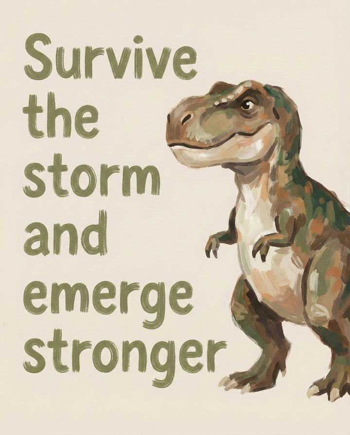 Painted image of a friendly Tyrannosaurus rex beside the uplifting phrase “Survive the storm and emerge stronger,” using earthy tones and brushstroke-style text to inspire resilience.
