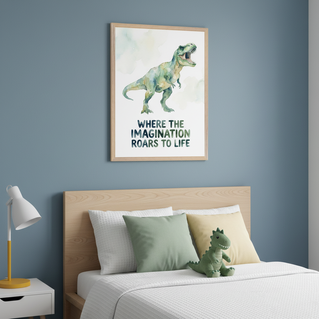 Kid's bedroom with a wooden bed, white bedding, green and yellow pillows, and a white nightstand with a lamp. On the blue wall, a framed watercolor T-Rex art print with text "WHERE THE IMAGINATION ROARS TO LIFE" hangs above the bed. A green plush dinosaur sits on the bed.