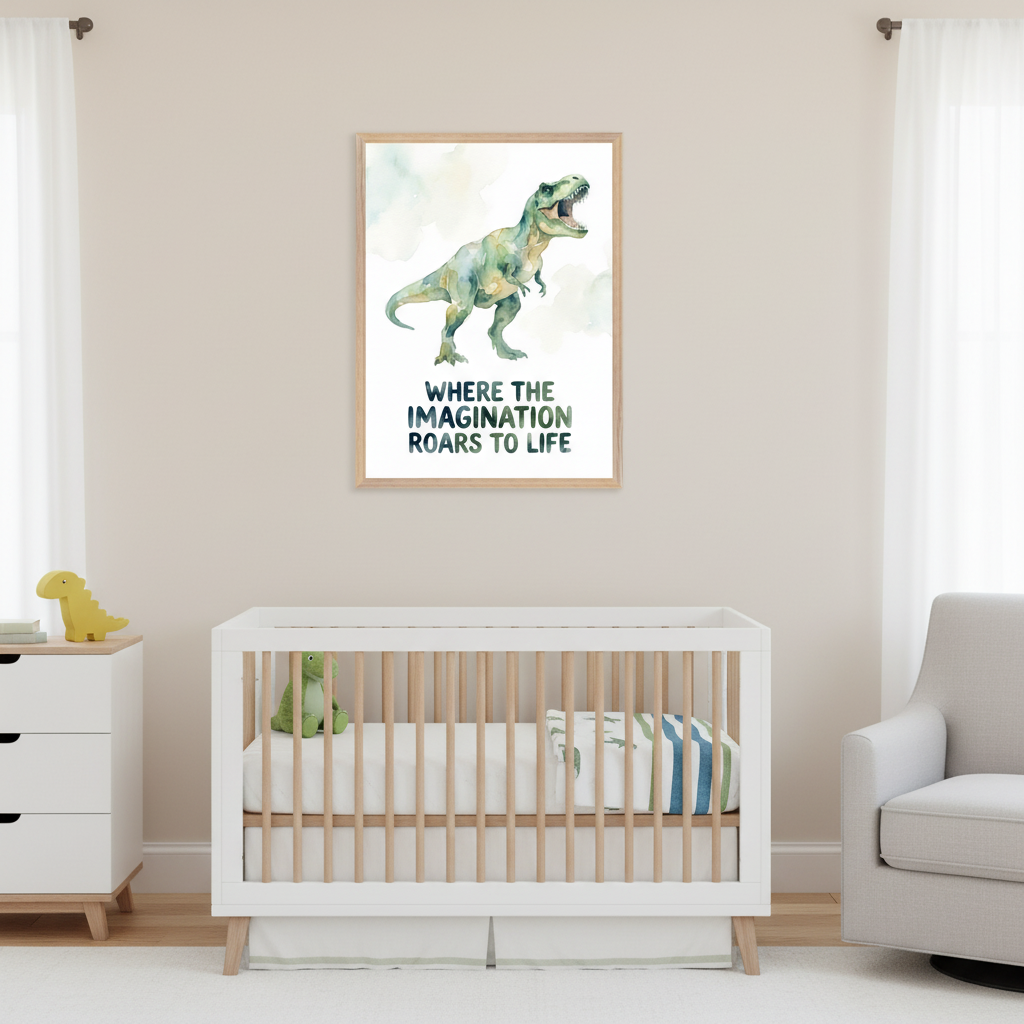 Modern nursery with a white crib, dresser, and gray armchair. A framed watercolor print of a roaring T-Rex with text "WHERE THE IMAGINATION ROARS TO LIFE" hangs centered above the crib.