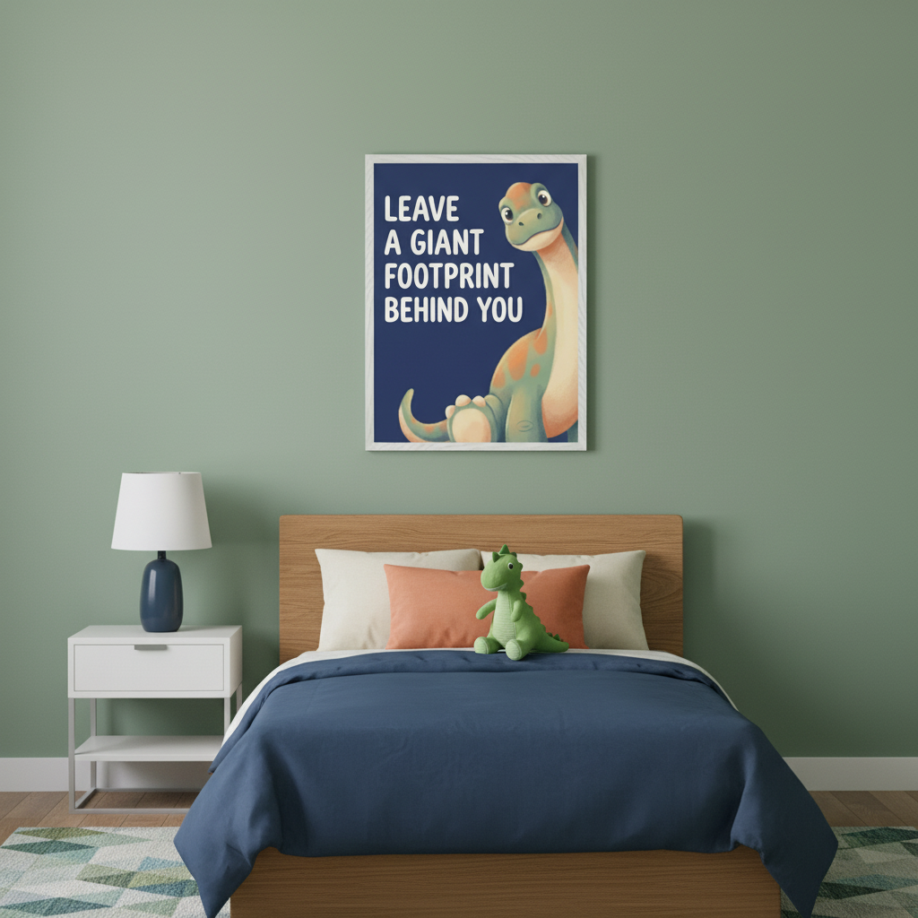 Kid's bedroom with a wooden bed and white nightstand. A framed poster hangs centered above the bed, featuring a cartoon brachiosaurus and the text 'LEAVE A GIANT FOOTPRINT BEHIND YOU' on a dark blue background.