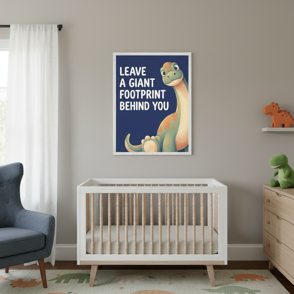 Modern nursery with a white and natural wood crib, blue armchair, and wooden dresser. A framed print of a cartoon green dinosaur on a dark blue background with text "LEAVE A GIANT FOOTPRINT BEHIND YOU" hangs above the crib.