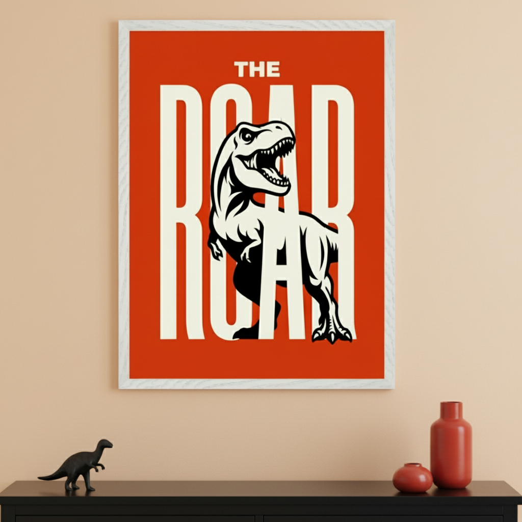 Modern room with a black dresser. A white-framed print featuring "THE ROAR" text and a black and white stylized T-Rex on an orange-red background hangs above the dresser. A small dinosaur figurine and two red vases are on the dresser.