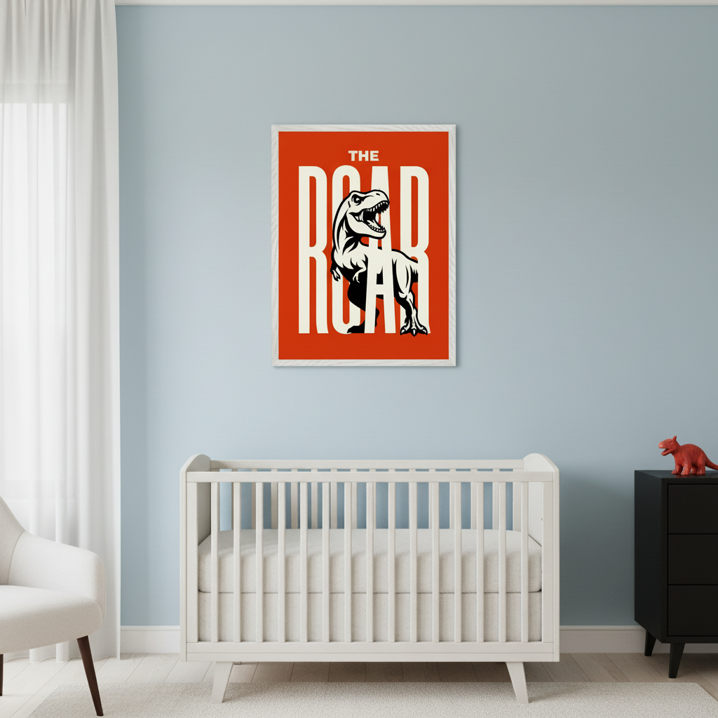 Modern nursery with a white crib and partial white armchair. A large framed poster of a roaring T-Rex on a red background with "THE ROAR" text hangs on a light blue wall, centered above the crib. A black dresser is on the right.