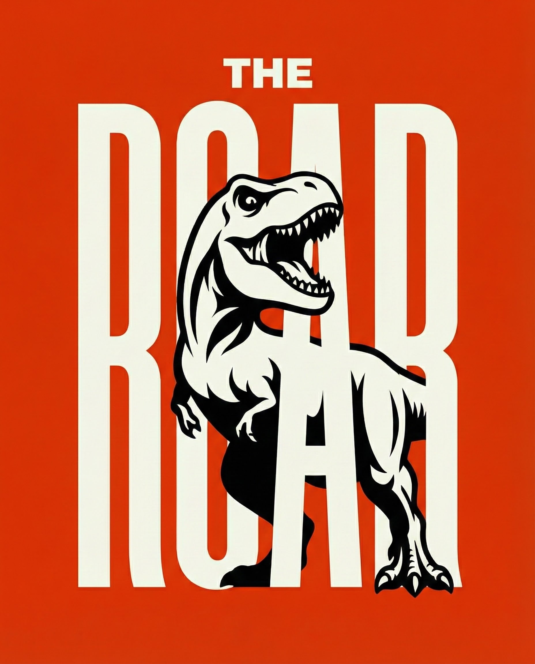 Modern graphic art of a black and white dinosaur standing within the oversized text “THE ROAR” on a bright orange background, creating a bold and attention-grabbing visual for dinosaur lovers.
