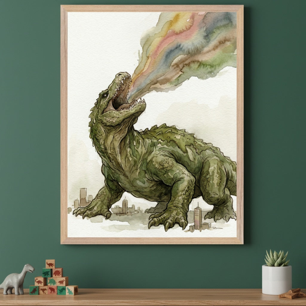 Kid's bedroom with a dark green wall. A wooden shelf holds toy dinosaurs and blocks. Centered above the shelf is a framed watercolor painting depicting a large green dinosaur breathing colorful, rainbow-like smoke over a cityscape.