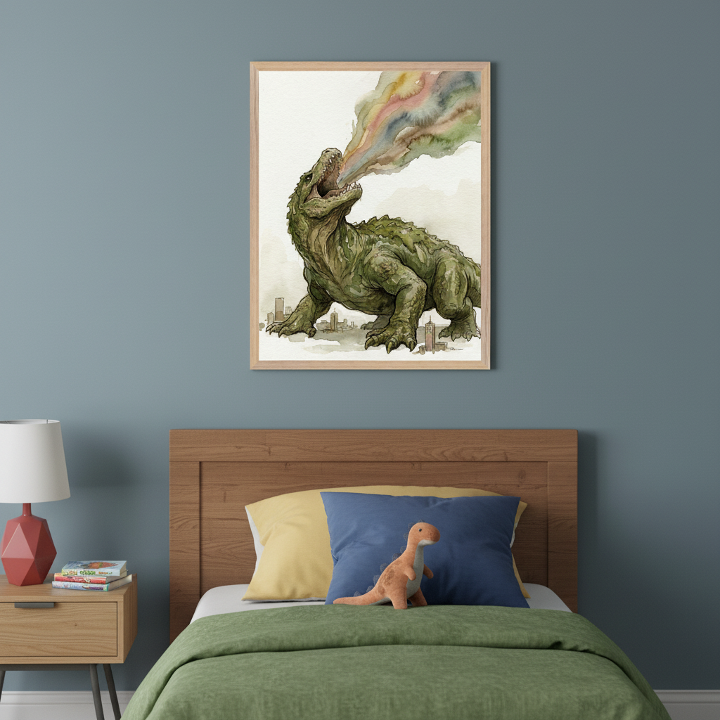 Kid's bedroom with a wooden bed frame and nightstand. A framed watercolor illustration of a large green dinosaur roaring above a city with colorful breath hangs above the bed.