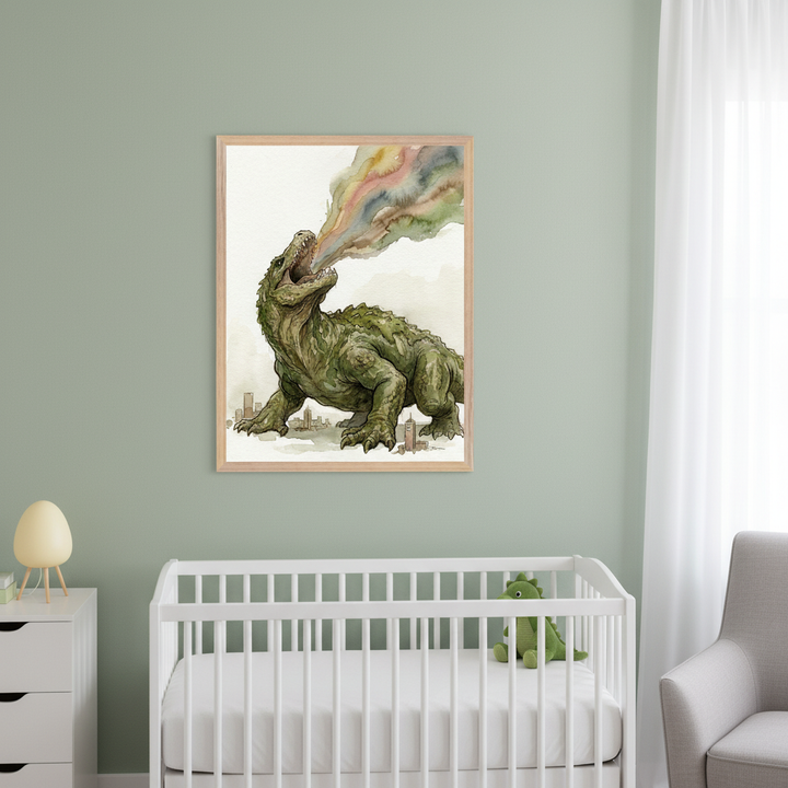 Modern nursery with a white crib, white dresser, and gray armchair. A framed watercolor print of a green dinosaur roaring with rainbow breath over a city hangs above the crib.