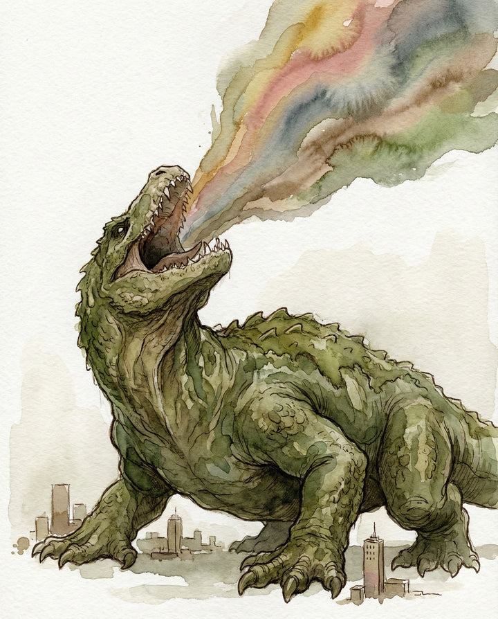 A green Godzilla-style dinosaur roaring and breathing a stream of colorful fire over a city skyline, captured in a watercolor illustration that adds a playful fantasy twist suitable for children’s books or dinosaur-themed content.
