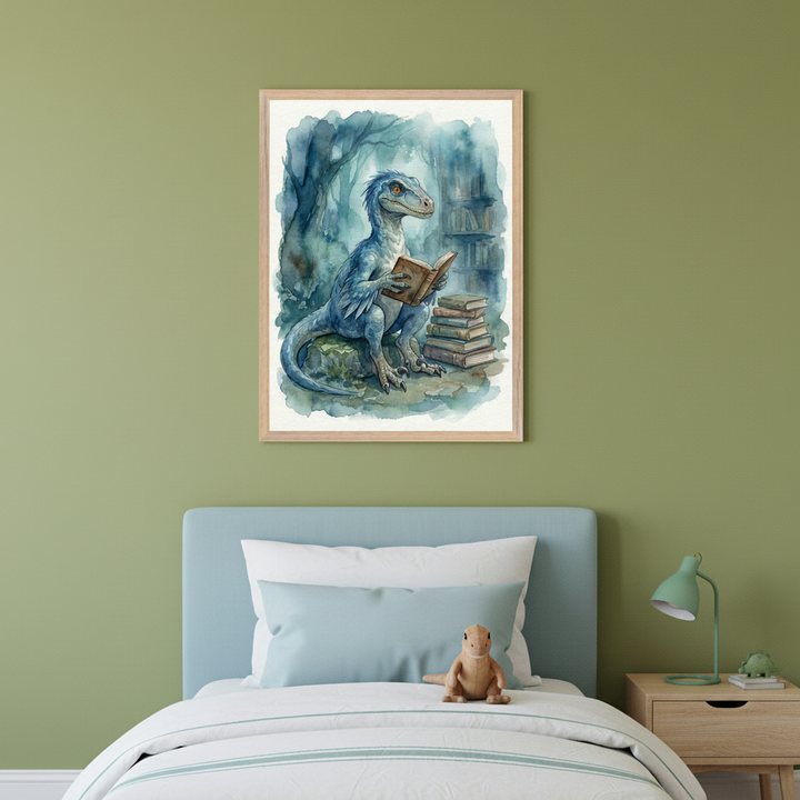 Kid's bedroom with a green wall, blue bed, and wooden nightstand. A framed watercolor of a blue velociraptor reading books hangs above the bed. A dinosaur plush is on the bed.