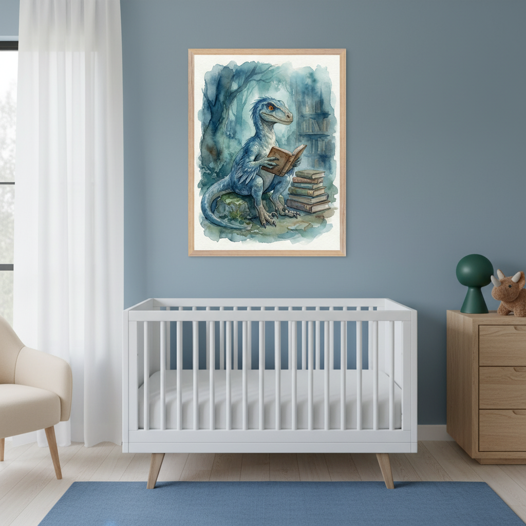 Modern nursery with a white crib, light wood dresser, and beige armchair. A framed watercolor painting of a blue raptor dinosaur reading a book is centered on the blue wall above the crib.