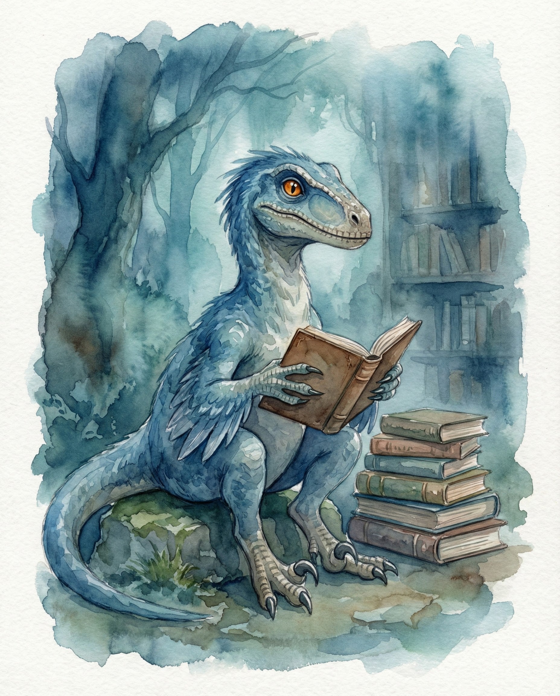 A blue feathered dinosaur sitting peacefully in a misty forest with a stack of books beside it, holding and reading a book, blending fantasy and education in a whimsical scene appealing to curious kids and imaginative adults.
