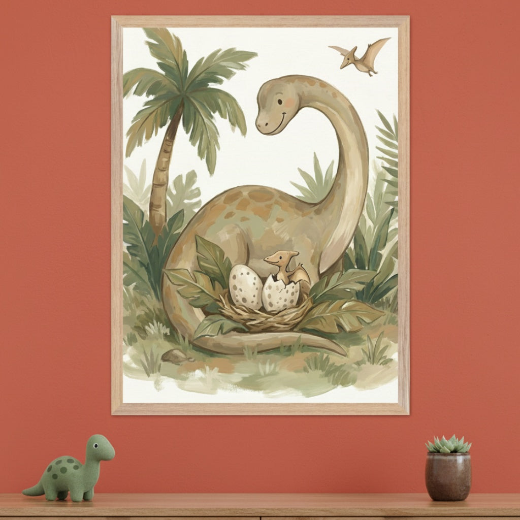 Kid's room with a light wood dresser against a terracotta orange wall. A large framed illustration of a friendly brontosaurus-like dinosaur looking at a nest with eggs and a hatching baby pterodactyl hangs above the dresser. A small green toy dinosaur is on the dresser to the left, and a potted succulent is to the right.