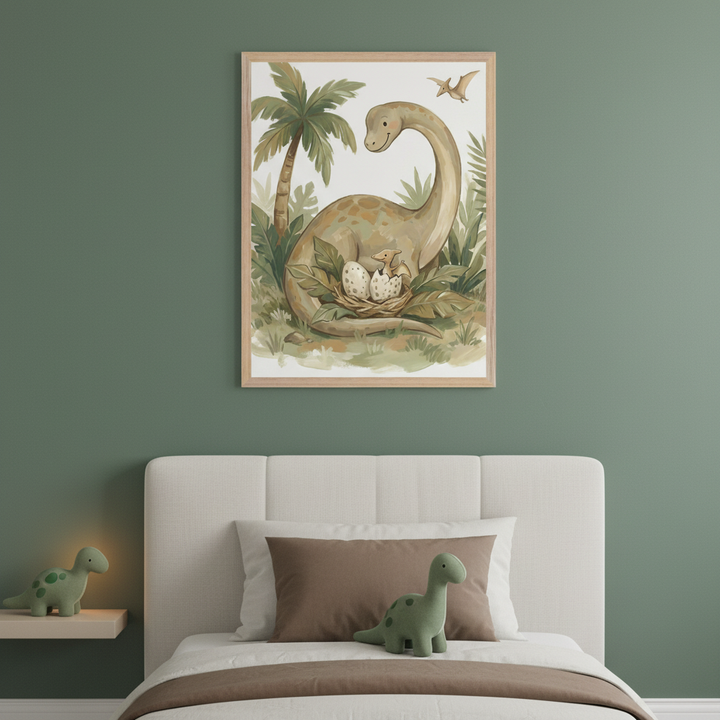 Kid's bedroom featuring a bed with a light upholstered headboard against a green wall. A large framed illustration of a happy mother dinosaur with a nest of eggs and baby dinosaurs in a jungle scene hangs above the bed.
