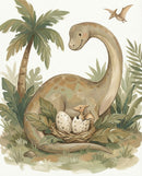 A smiling cartoon dinosaur sits beside a nest of hatching eggs with baby dinosaurs emerging, surrounded by palm trees and soft greenery, designed to evoke warmth and parental care in a friendly prehistoric setting.
