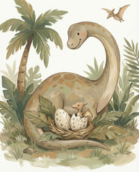 A smiling cartoon dinosaur sits beside a nest of hatching eggs with baby dinosaurs emerging, surrounded by palm trees and soft greenery, designed to evoke warmth and parental care in a friendly prehistoric setting.
