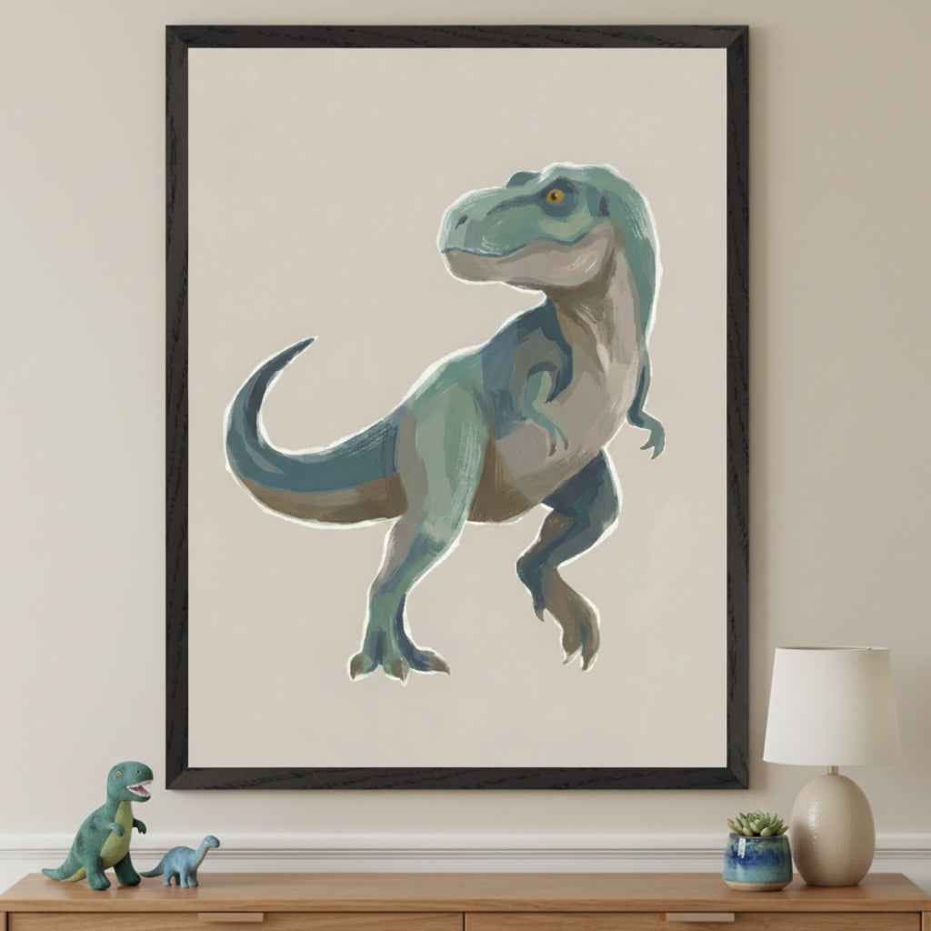 Modern kid's room with a light wood dresser. A large black-framed illustration of a green and blue Tyrannosaurus Rex hangs centered above the dresser. Green and blue dinosaur toys, a lamp, and a succulent are on the dresser.