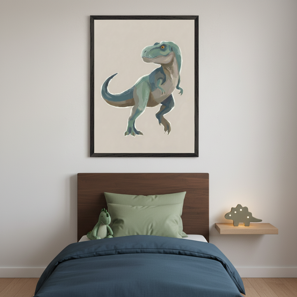 Kid's bedroom with a bed and dark wood headboard. A large black-framed poster of a painted green T-Rex on a beige background hangs centered above the bed. A green dinosaur plush sits on the bed, and a light-up dinosaur figure rests on a floating shelf beside it.