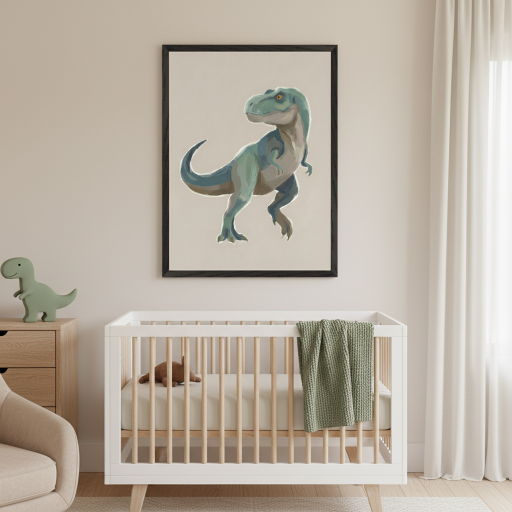 Modern nursery with a white crib. A large black-framed print of a cartoon-style blue-green T-Rex hangs centered above the crib. A wood dresser with a green toy dinosaur is to the left, and a beige armchair is partially visible.