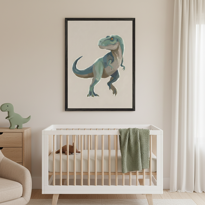 Modern nursery with a white crib. A large black-framed print of a cartoon-style blue-green T-Rex hangs centered above the crib. A wood dresser with a green toy dinosaur is to the left, and a beige armchair is partially visible.