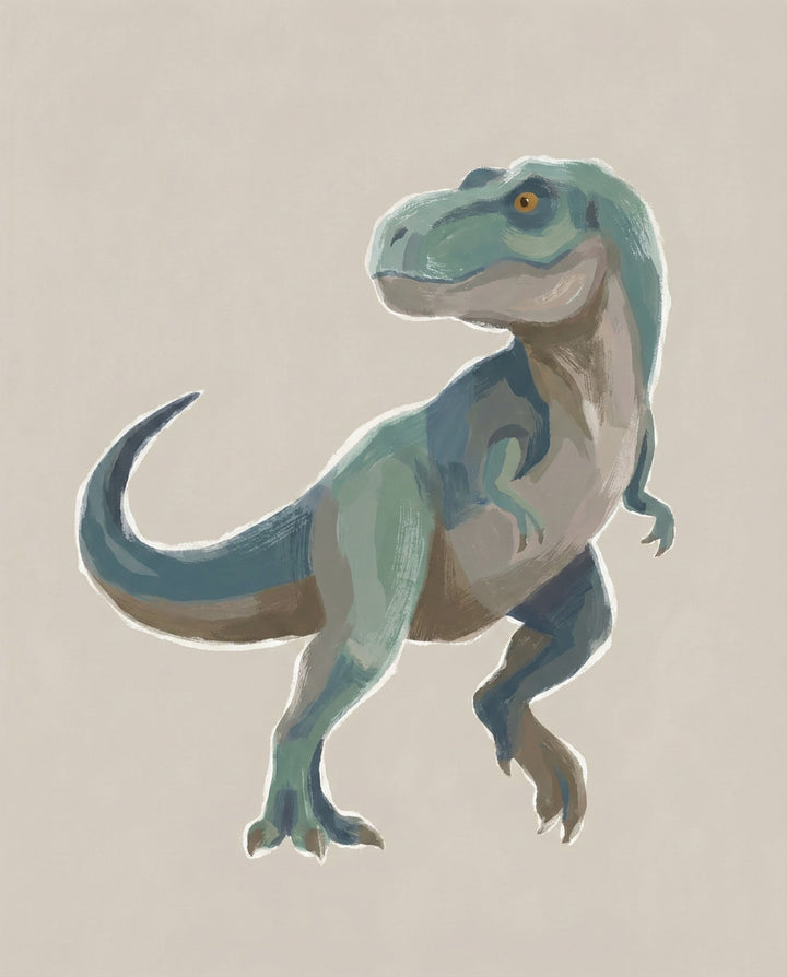 A friendly illustrated Tyrannosaurus rex with muted green and blue hues stands on two legs against a beige background, giving a soft and approachable look perfect for dinosaur-themed content for children and adults.
