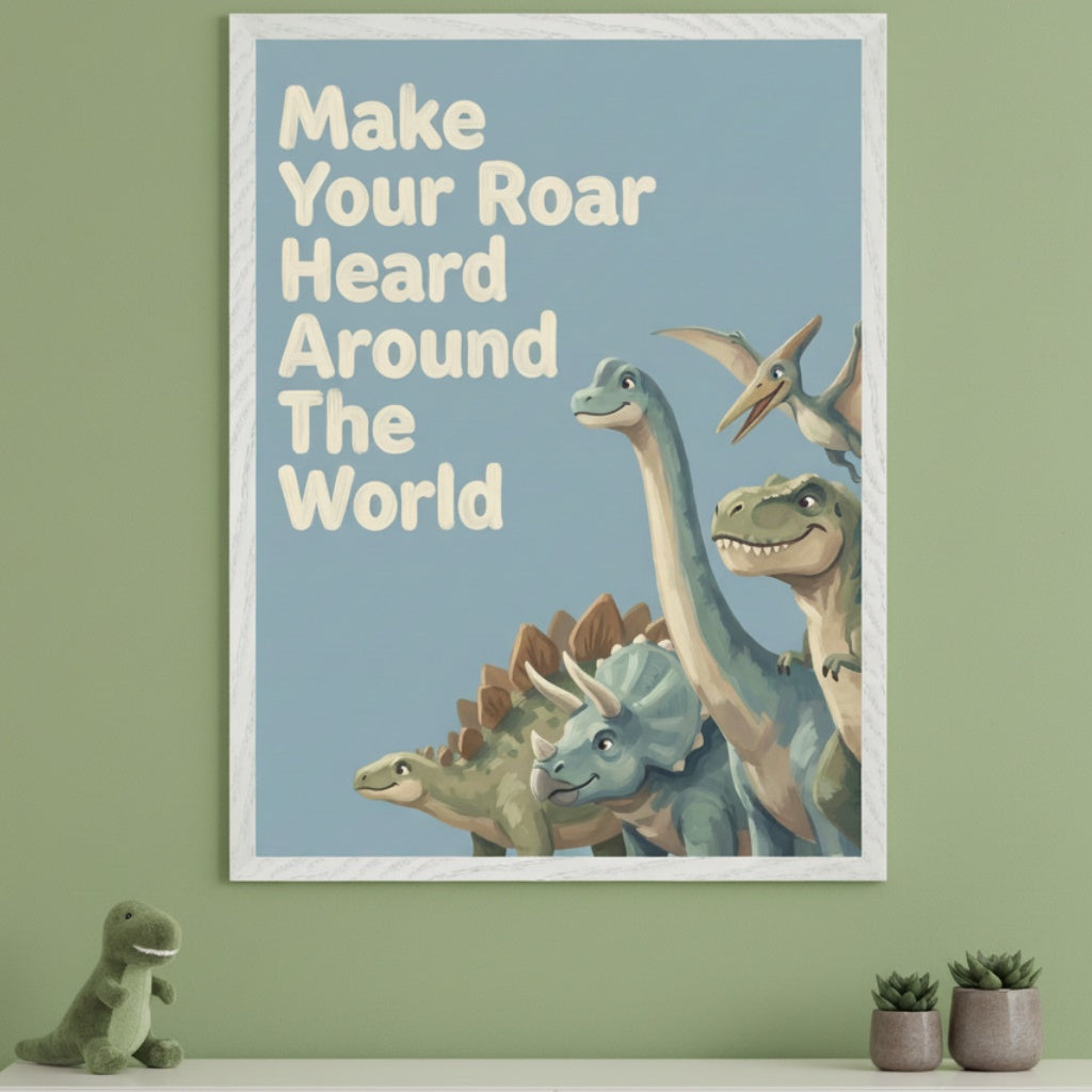 Kid's room with a green wall and white shelf. A framed poster of cartoon dinosaurs and text "Make Your Roar Heard Around The World" hangs above the shelf. A plush dinosaur toy and two potted succulents are on the shelf.