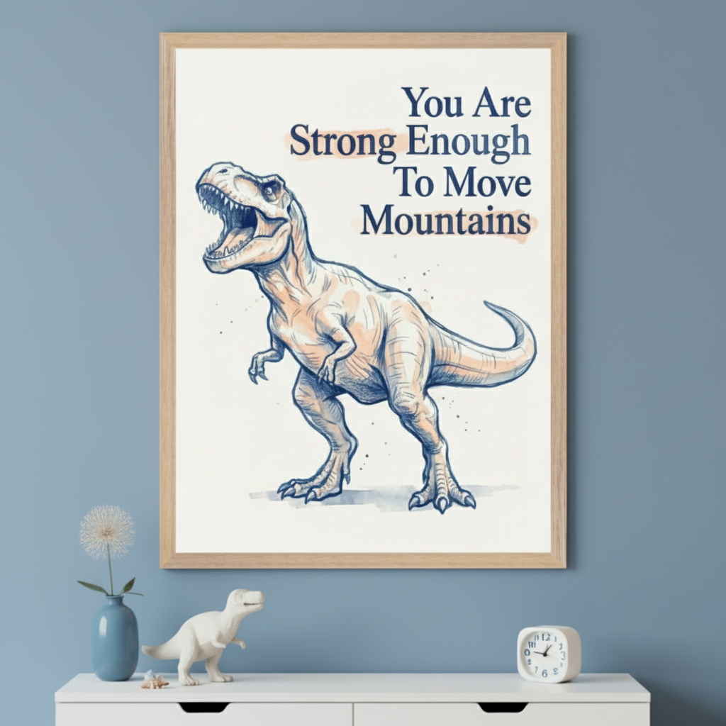 Modern kid's room with a light blue wall. A large framed poster featuring a sketch-style T-Rex illustration and the text 'You Are Strong Enough To Move Mountains' hangs above a white dresser. A white toy dinosaur, vase with a flower, and a clock sit on the dresser.
