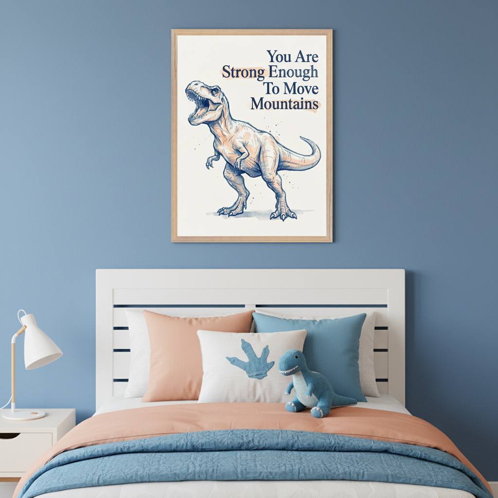 Kid's bedroom with blue walls and a white bed with a slatted headboard. A framed illustration of a roaring T-Rex dinosaur and text "You Are Strong Enough To Move Mountains" hangs centered above the bed.